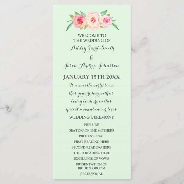 Blush Pink Mint Green Floral Wedding Program (Front)