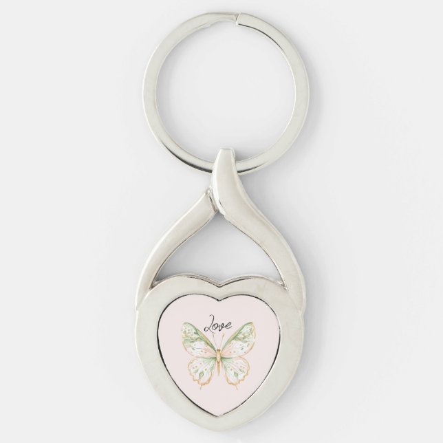 Blush Pink Mint Green Gold Butterfly Love Key Ring (Front)