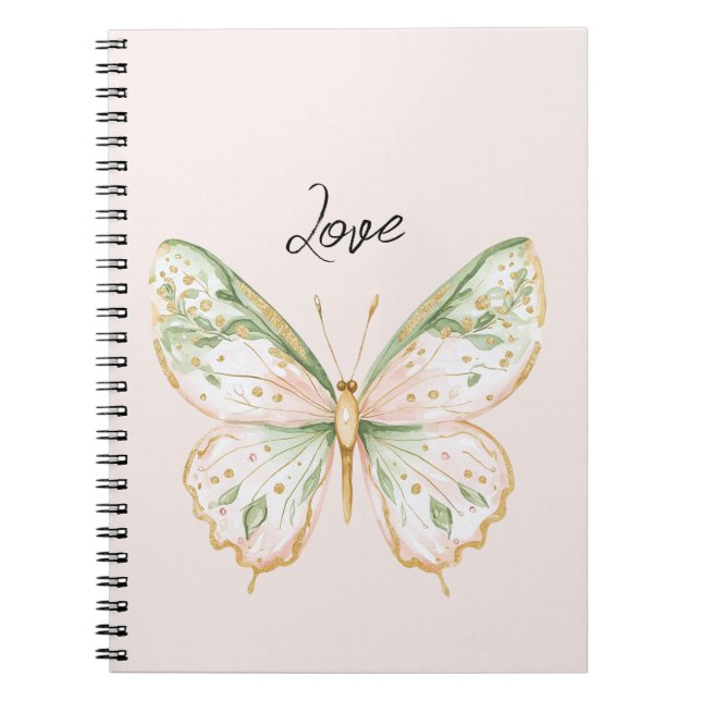 Blush Pink Mint Green Gold Butterfly Love Notebook (Front)