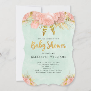 Blush Pink Mint Green Gold Flower Girl Baby Shower Invitation