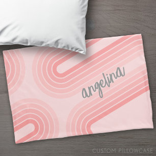 Blush Pink Mod Retro Striped Pattern Custom Name Pillowcase