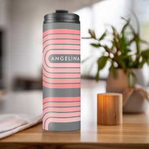 Blush Pink Mod Retro Striped Pattern Custom Name Thermal Tumbler