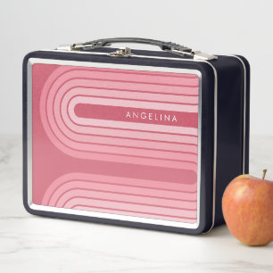 Blush Pink Mod Striped Pattern Custom Name Metal Lunch Box