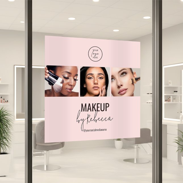 Blush Pink Modern 3 Photo Makeup Studio Logo (Modern blush pink makeup artist window cling sign with space for 3 photos and your logo)