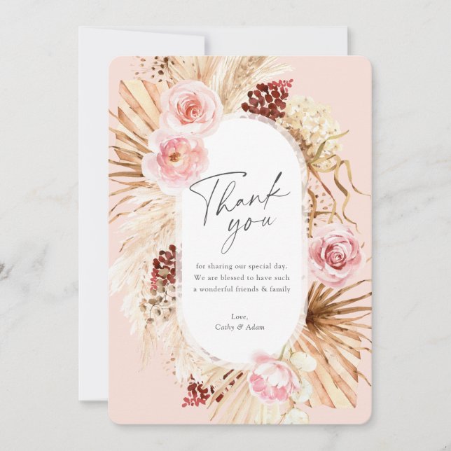 Blush Pink Modern Boho Pampas Grass Floral Arch  Thank You Card (Front)