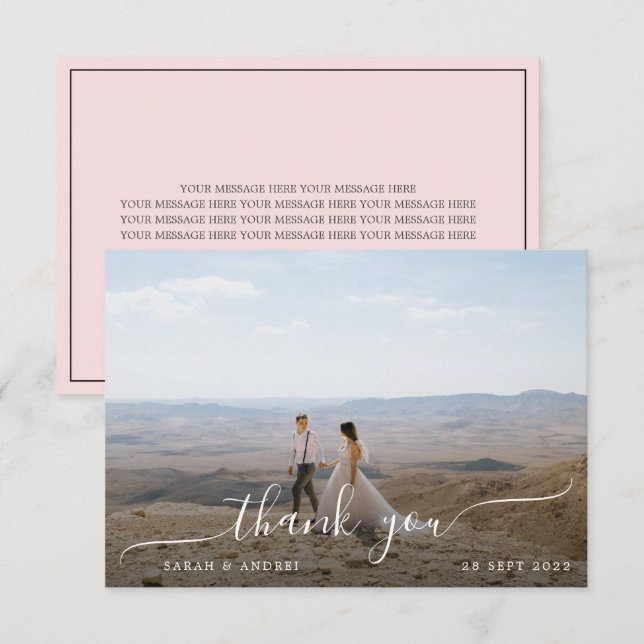 Blush Pink Modern Border Photo Script Wedding Thank You Card (Front/Back)
