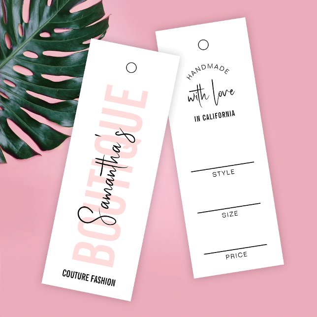 Blush Pink Modern Clothing Price Tag Label (Trendy blush pink and white thin clothing hang tags with fully editable text and colors)