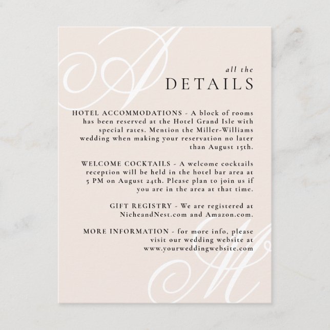 Blush Pink Modern Edge Elegant Monogram Details Enclosure Card (Front)