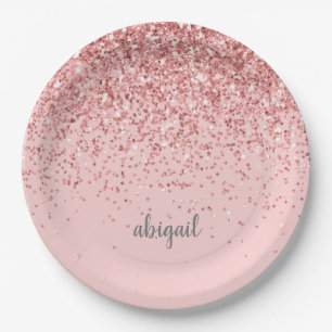 Blush Pink Modern Glitter Monogram Name Paper Plate