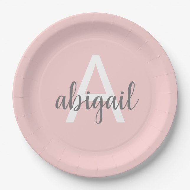 Blush Pink Modern Grey Cute Monogram Paper Plate (Front)