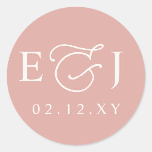Blush Pink Modern Initials Monogram Wedding Classic Round Sticker