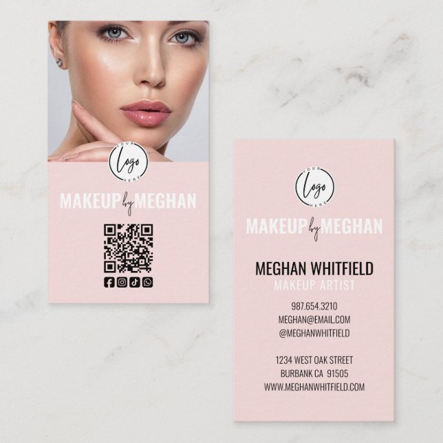 Blush Pink Modern Logo QR Code Photo Makeup Busine Business Card (Front/Back)