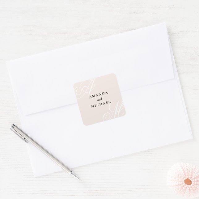 Blush Pink Modern Minimal Elegant Monogram Wedding Square Sticker (Envelope)