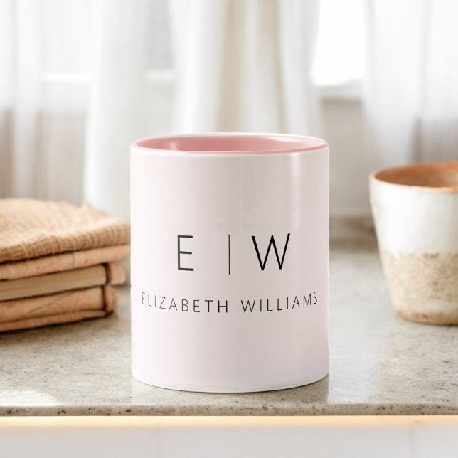 Blush Pink Modern Minimalist Monogram Name Two-Tone Coffee Mug (Creator Uploaded)
