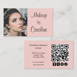 Blush Pink Modern Minimalist QR Code Photo Makeup  Business Card