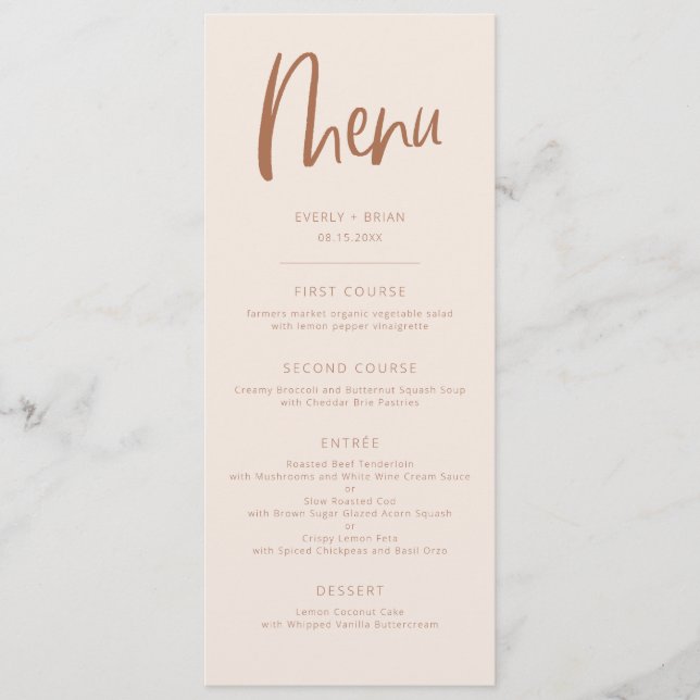 Blush Pink Modern Minimalist Wedding  Menu (Front)