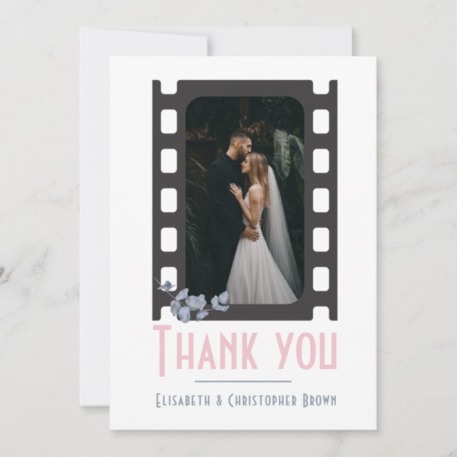 Blush pink modern movie add photo floral wedding  thank you card (Front)
