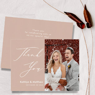 Blush Pink Modern Photo Elegant Script Wedding Thank You Card
