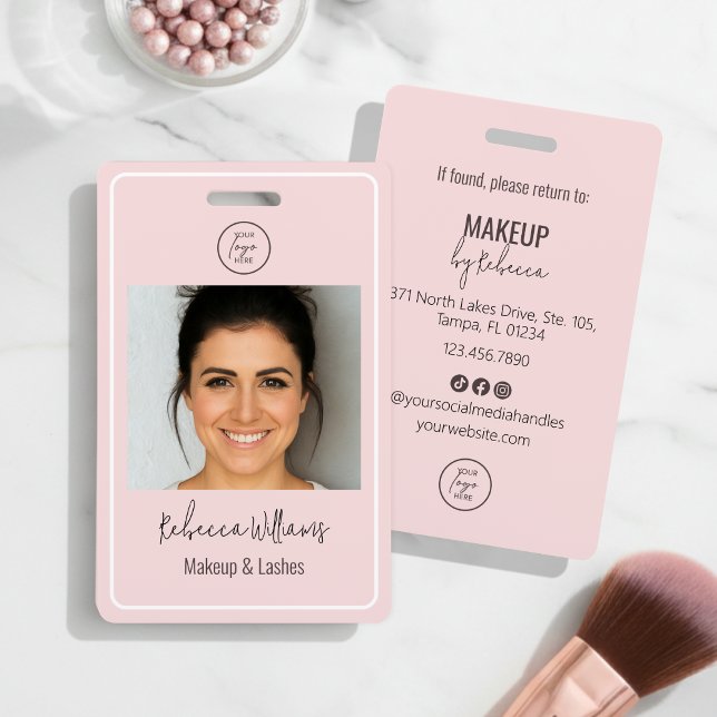 Blush Pink Modern Photo Logo Makeup Employee Badge ID Badge (Modern and elegant blush pink with space for a staff photo and your business detail to the reverse)