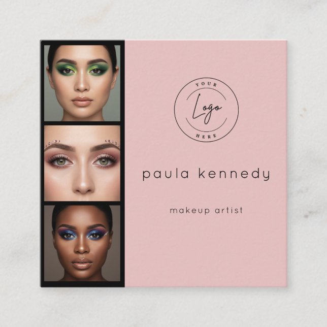 Blush Pink Modern Photo Makeup 3 Photo Square Business Card (Front)