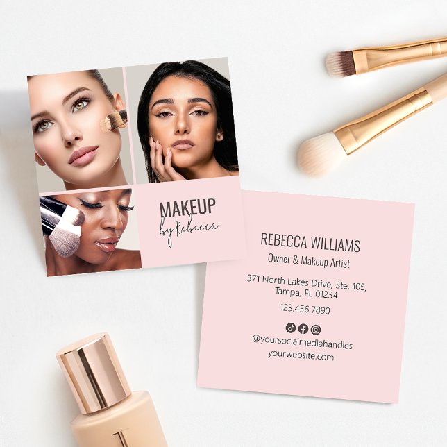 Blush Pink Modern QR Code 3 Photo Makeup Square Business Card (Blush pink modern square business card with 3 photos and details to the reverse)
