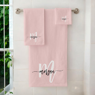 Blush Pink Modern Script Girly Monogram Name Bath Towel Set