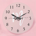 Blush Pink Modern Script Girly Monogram Name  Large Clock<br><div class="desc">Keep track of time in style with the Blush Pink Modern Script Girly Monogram Name Large Clock. This elegant timepiece features a soft blush pink background and a personalised monogram in a modern script font, making it a chic addition to any room. The large, easy-to-read numbers and sleek hands ensure...</div>