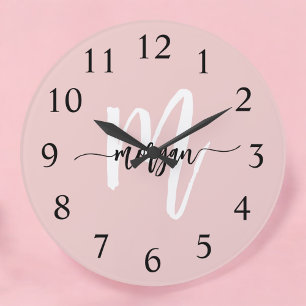 Blush Pink Modern Script Girly Monogram Name  Large Clock