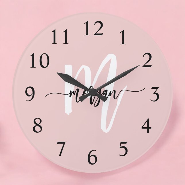 Blush Pink Modern Script Girly Monogram Name  Large Clock (Creator Uploaded)
