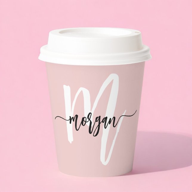 Blush Pink Modern Script Girly Monogram Name Paper Cups (Creator Uploaded)