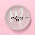 Blush Pink Modern Script Girly Monogram Name Paper Plate<br><div class="desc">Add a touch of elegance to your event with our Blush Pink Modern Script Girly Monogram Name Paper Plates. These stylish plates feature a soft blush pink background and a chic, modern script that showcases your personalised monogram or name, creating a custom look for any occasion. Crafted from high-quality, durable...</div>