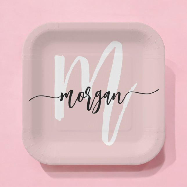 Blush Pink Modern Script Girly Monogram Name Paper Plate (Creator Uploaded)