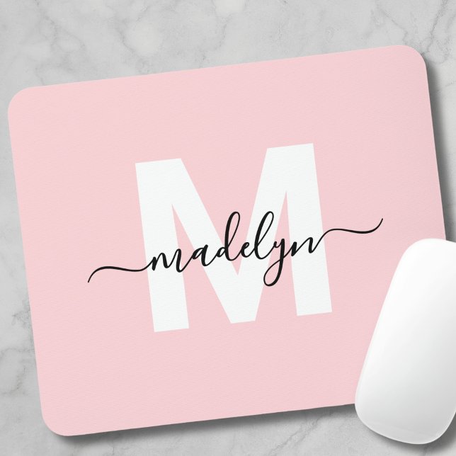 Blush Pink Modern Script Name Monogram Mouse Pad (Blush Pink Modern Script Name Monogram Mouse Pad )