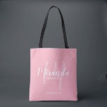 Blush Pink Modern Script Personalised Bridesmaids Tote Bag<br><div class="desc">Add a personal touch to your wedding with personalised bridesmaids gift tote bag. This tote bag features personalised bridesmaid's name in white modern script font style and monogram in light pink modern script font style as background with title and wedding date in white modern sans serif font style on blush...</div>