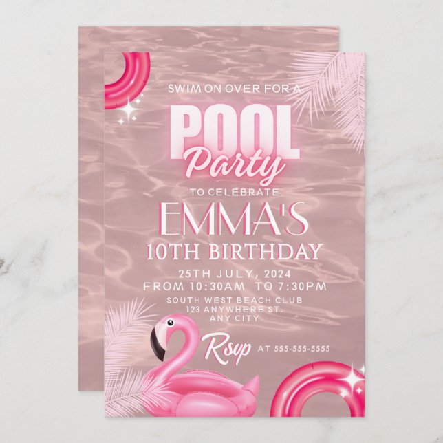 Blush Pink Modern Script Pool Birthday Party Invitation (Front/Back)