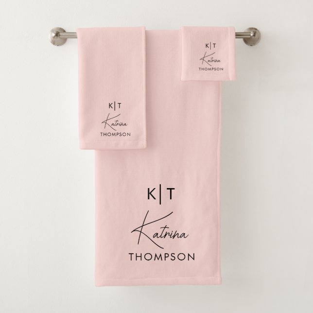 Blush Pink Modern Signature Script Monogram Bath Towel Set (Insitu)