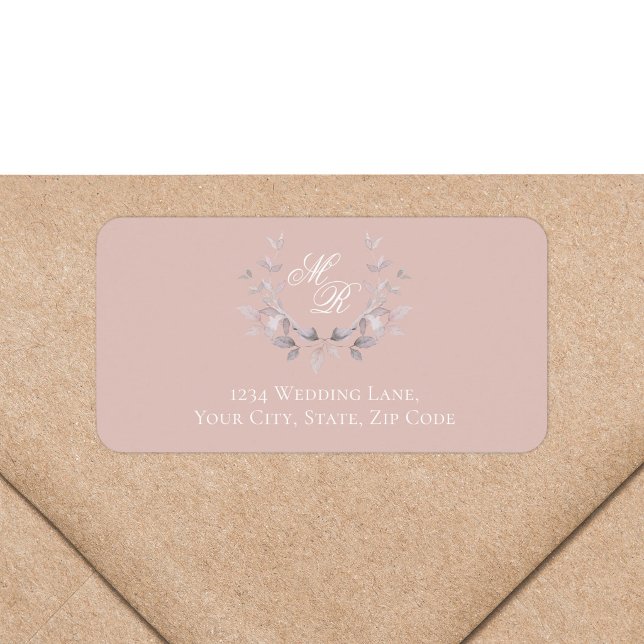 Blush Pink Monogram Botanical Return Address Label (Blush pink monogram return address label with romantic botanical wreath)