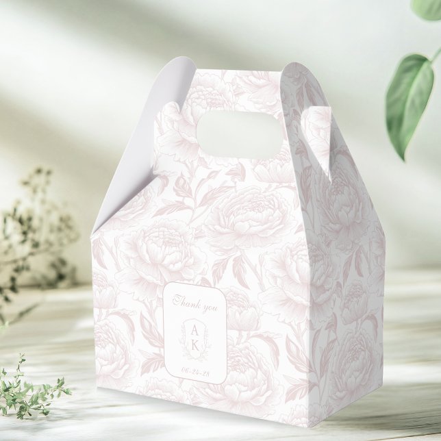 Blush Pink Monogram Crest Chinoiserie Peonies Favour Box (Creator Uploaded)