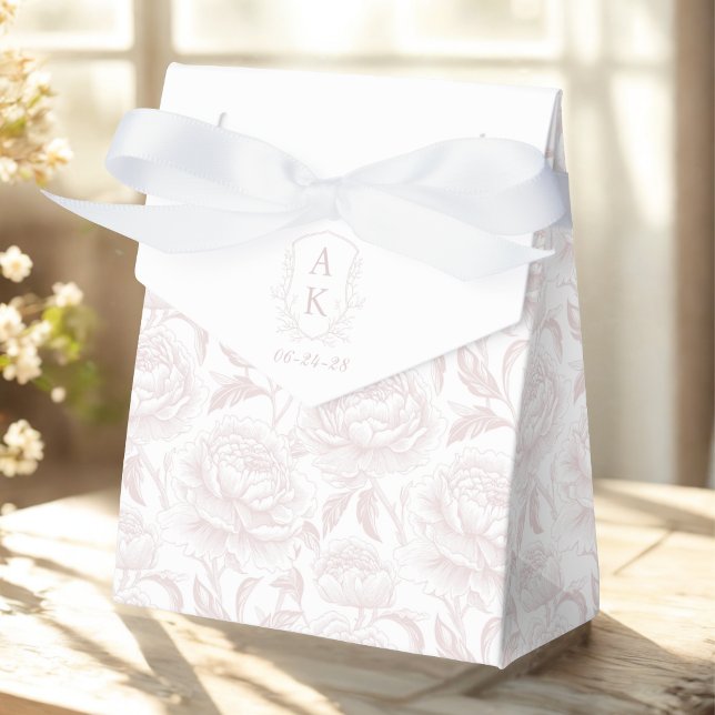 Blush pink Monogram Crest Chinoiserie Peonies Favour Box (Creator Uploaded)