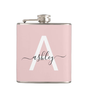 Blush Pink Monogram Cute Girly Script Hip Flask
