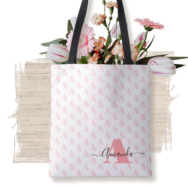 Blush Pink Monogram Designer Geometric Script  Tote Bag (Creator Uploaded)