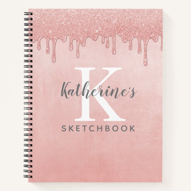 Blush Pink Monogram Dripping Glitter Sketchbook Notebook (Front)