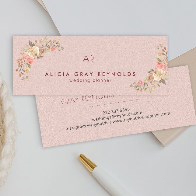 Blush Pink Monogram Elegant Floral Wedding Planner Mini Business Card (Creator Uploaded)
