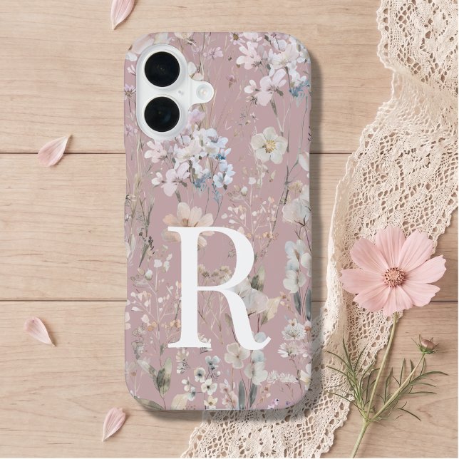 Blush Pink Monogram Floral  iPhone 16 Case (Creator Uploaded)