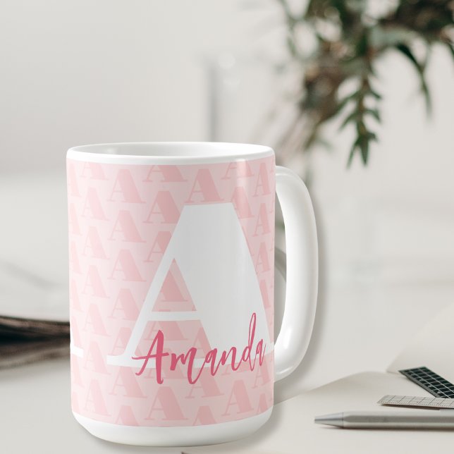 Blush Pink Monogram Hot Pink Script Name White  Coffee Mug (Creator Uploaded)