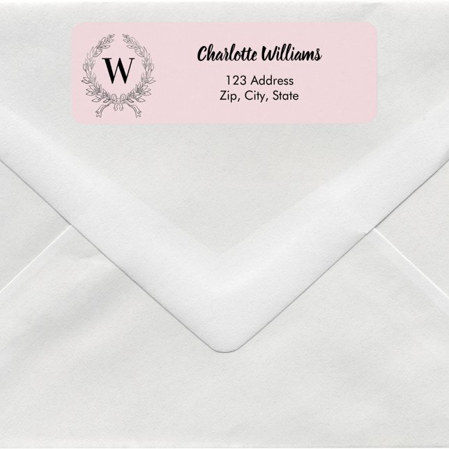 Blush pink monogram initial wreath return address label (Creator Uploaded)