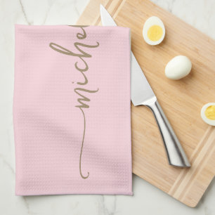 Blush Pink Monogram Name Gold Calligraphy Script Tea Towel