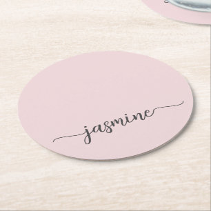 Blush Pink Monogram Name Script Chic Signature Round Paper Coaster