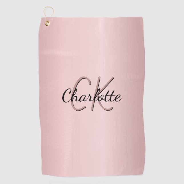 Blush pink monogram name script golf towel (Front)