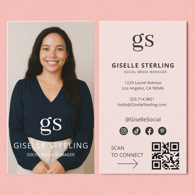 Blush Pink Monogram Photo Social Media QR Code Business Card (Creator Uploaded)